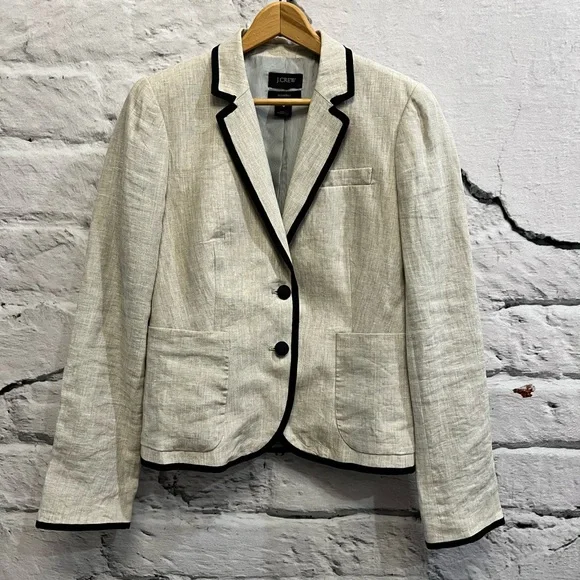 J Crew 100% Linen Schoolboy Blazer Neutral Beige Bold Covered‎ Buttons Work - Picture 5 of 12